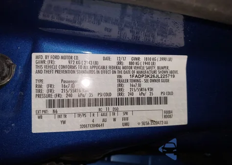 2018 Ford Focus Se z USA, uszkodzony, nr VIN 1FADP3K26JL225719